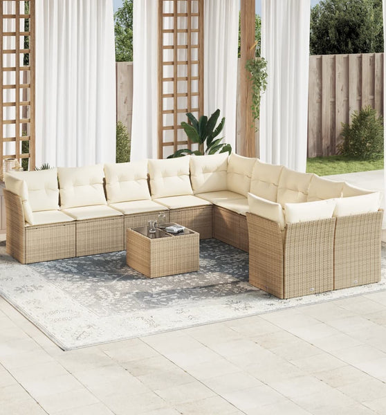 11-tlg. Garten-Sofagarnitur mit Kissen Beige Poly Rattan