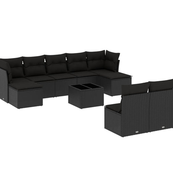 10-tlg. Garten-Sofagarnitur mit Kissen Schwarz Poly Rattan