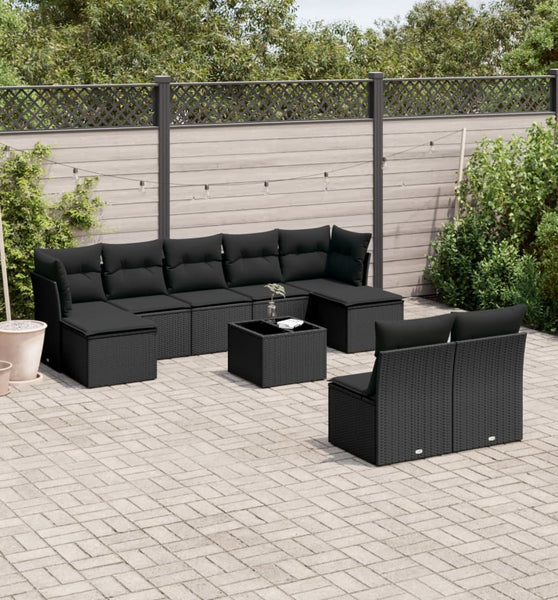 10-tlg. Garten-Sofagarnitur mit Kissen Schwarz Poly Rattan