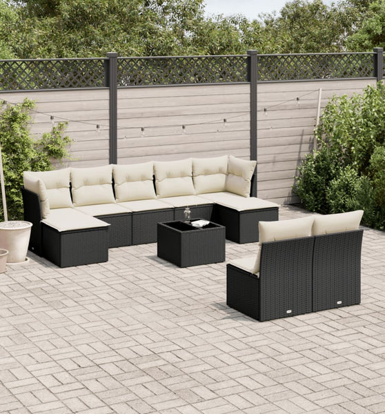 10-tlg. Garten-Sofagarnitur mit Kissen Schwarz Poly Rattan