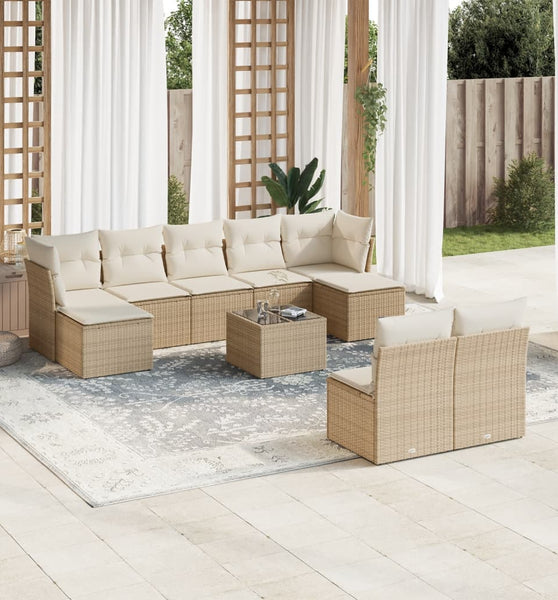 10-tlg. Garten-Sofagarnitur mit Kissen Beige Poly Rattan