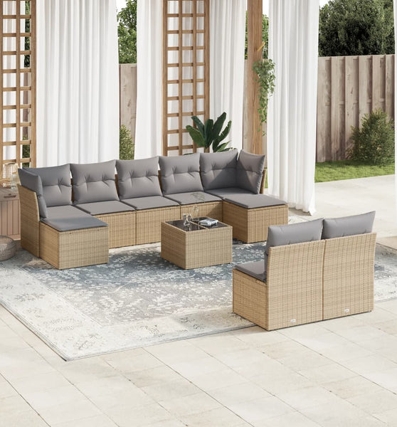 10-tlg. Garten-Sofagarnitur mit Kissen Beige Poly Rattan