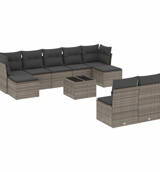 10-tlg. Garten-Sofagarnitur mit Kissen Grau Poly Rattan