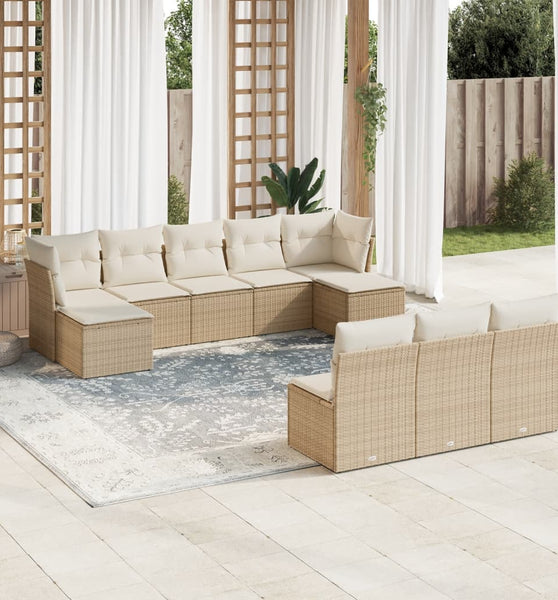 10-tlg. Garten-Sofagarnitur mit Kissen Beige Poly Rattan