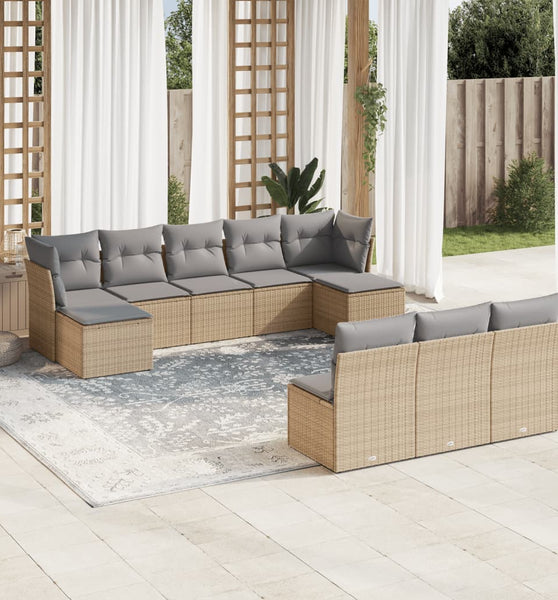 10-tlg. Garten-Sofagarnitur mit Kissen Beige Poly Rattan