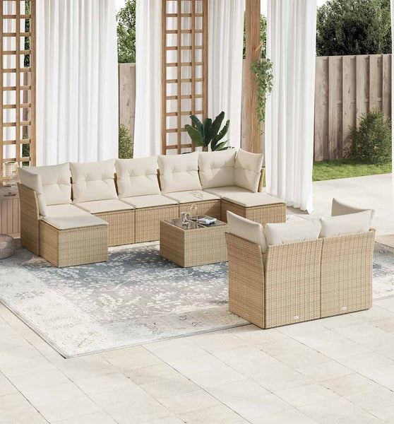 10-tlg. Garten-Sofagarnitur mit Kissen Beige Poly Rattan