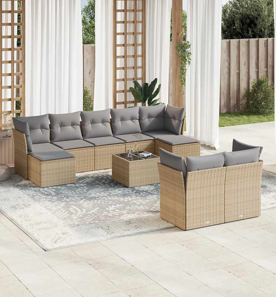 10-tlg. Garten-Sofagarnitur mit Kissen Beige Poly Rattan