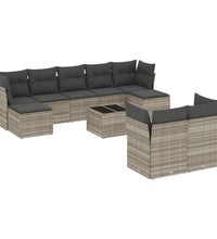 10-tlg. Garten-Sofagarnitur mit Kissen Hellgrau Poly Rattan