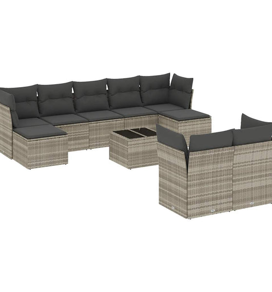 10-tlg. Garten-Sofagarnitur mit Kissen Hellgrau Poly Rattan