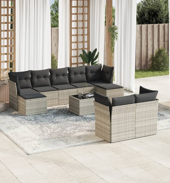 10-tlg. Garten-Sofagarnitur mit Kissen Hellgrau Poly Rattan