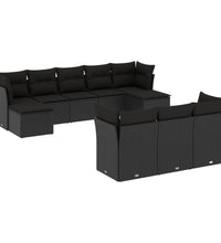 10-tlg. Garten-Sofagarnitur mit Kissen Schwarz Poly Rattan