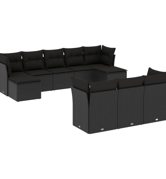 10-tlg. Garten-Sofagarnitur mit Kissen Schwarz Poly Rattan