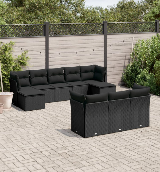 10-tlg. Garten-Sofagarnitur mit Kissen Schwarz Poly Rattan