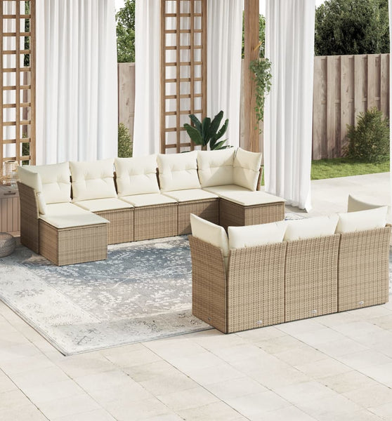 10-tlg. Garten-Sofagarnitur mit Kissen Beige Poly Rattan