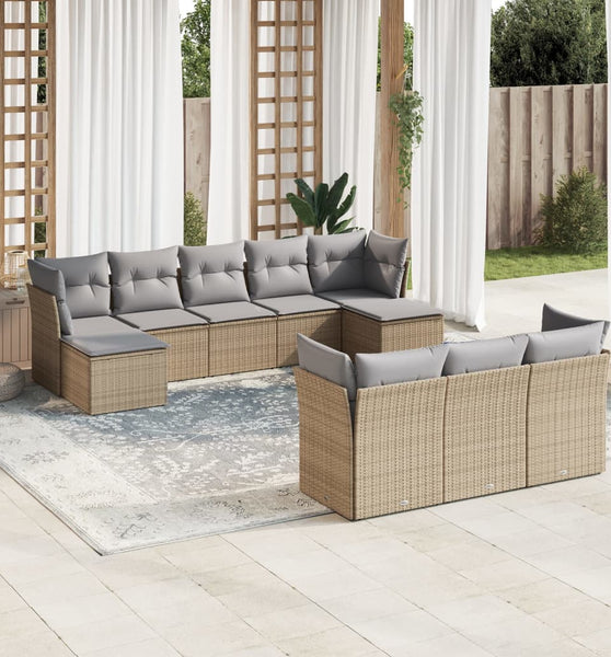 10-tlg. Garten-Sofagarnitur mit Kissen Beige Poly Rattan