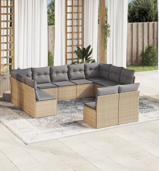 11-tlg. Garten-Sofagarnitur mit Kissen Beige Poly Rattan