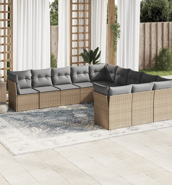 11-tlg. Garten-Sofagarnitur mit Kissen Beige Poly Rattan