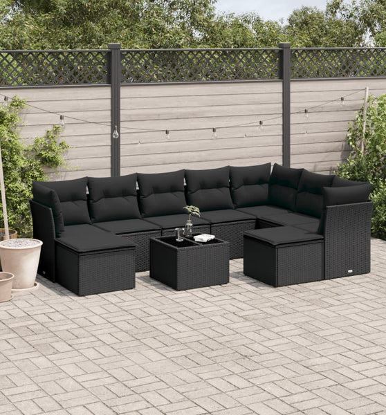 10-tlg. Garten-Sofagarnitur mit Kissen Schwarz Poly Rattan