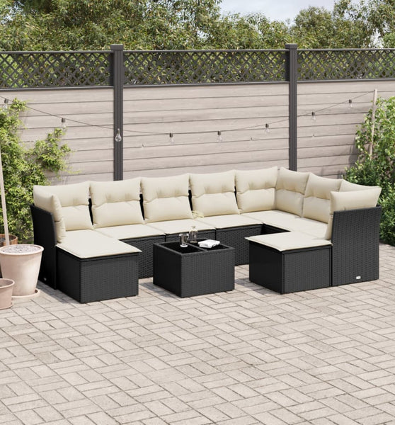 10-tlg. Garten-Sofagarnitur mit Kissen Schwarz Poly Rattan