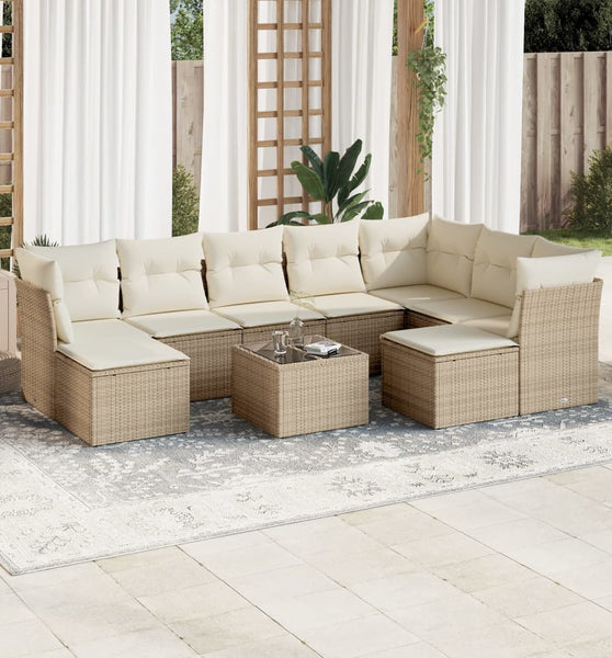 10-tlg. Garten-Sofagarnitur mit Kissen Beige Poly Rattan