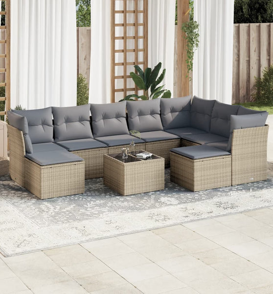 10-tlg. Garten-Sofagarnitur mit Kissen Beige Poly Rattan