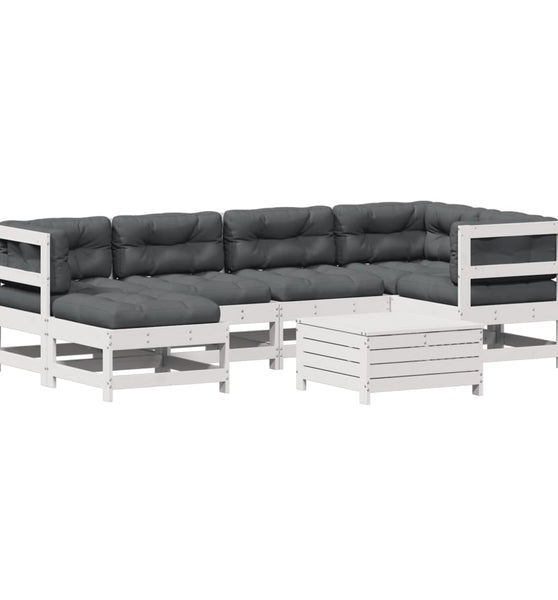 7-tlg. Garten-Lounge-Set mit Kissen Weiß Massivholz Kiefer