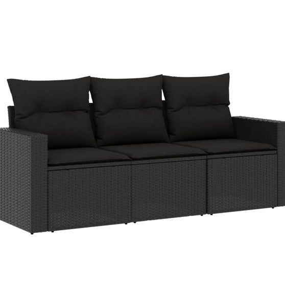 3-tlg. Garten-Sofagarnitur mit Kissen Schwarz Poly Rattan