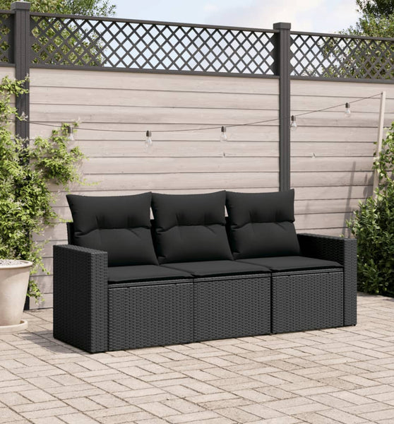 3-tlg. Garten-Sofagarnitur mit Kissen Schwarz Poly Rattan