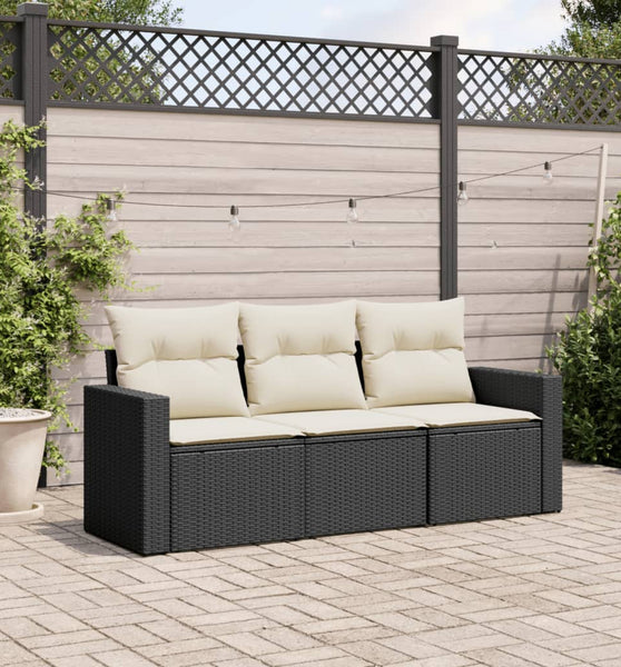 3-tlg. Garten-Sofagarnitur mit Kissen Schwarz Poly Rattan