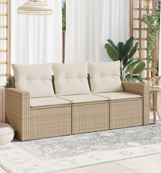 3-tlg. Garten-Sofagarnitur mit Kissen Beige Poly Rattan