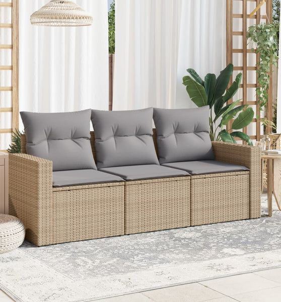 3-tlg. Garten-Sofagarnitur mit Kissen Beige Poly Rattan