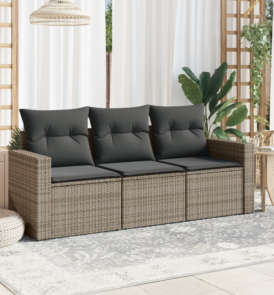 3-tlg. Garten-Sofagarnitur mit Kissen Grau Poly Rattan