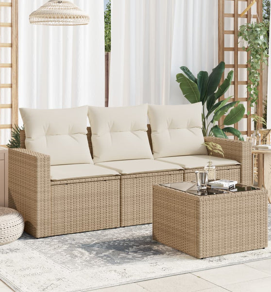 4-tlg. Garten-Sofagarnitur mit Kissen Beige Poly Rattan