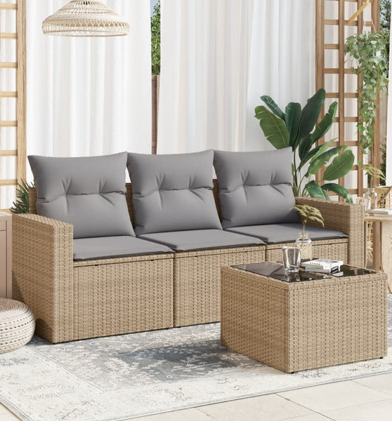 4-tlg. Garten-Sofagarnitur mit Kissen Beige Poly Rattan