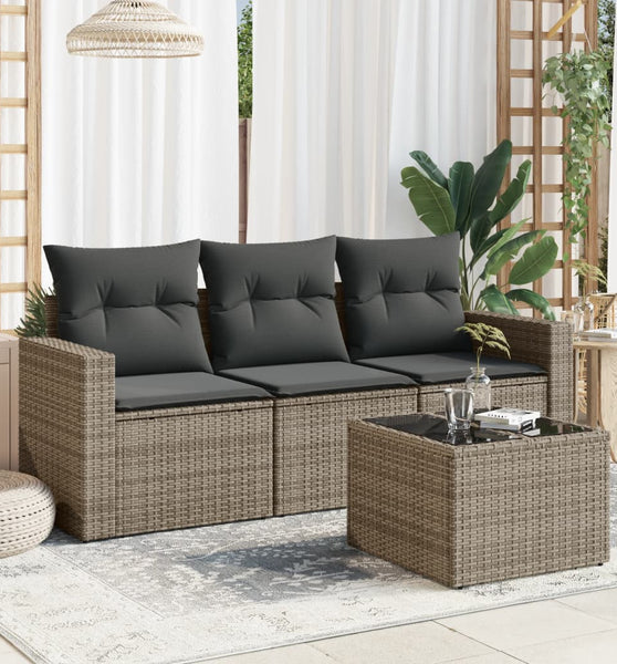 4-tlg. Garten-Sofagarnitur mit Kissen Grau Poly Rattan