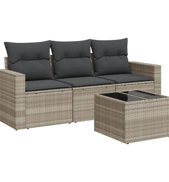 4-tlg. Garten-Sofagarnitur mit Kissen Hellgrau Poly Rattan