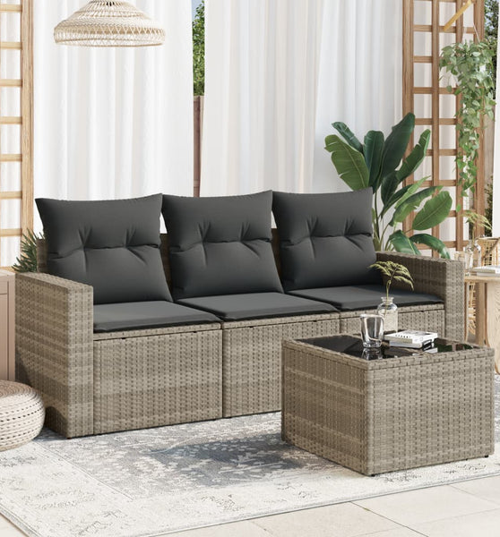 4-tlg. Garten-Sofagarnitur mit Kissen Hellgrau Poly Rattan