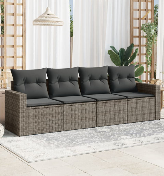 4-tlg. Garten-Sofagarnitur mit Kissen Grau Poly Rattan