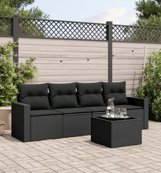 5-tlg. Garten-Sofagarnitur mit Kissen Schwarz Poly Rattan