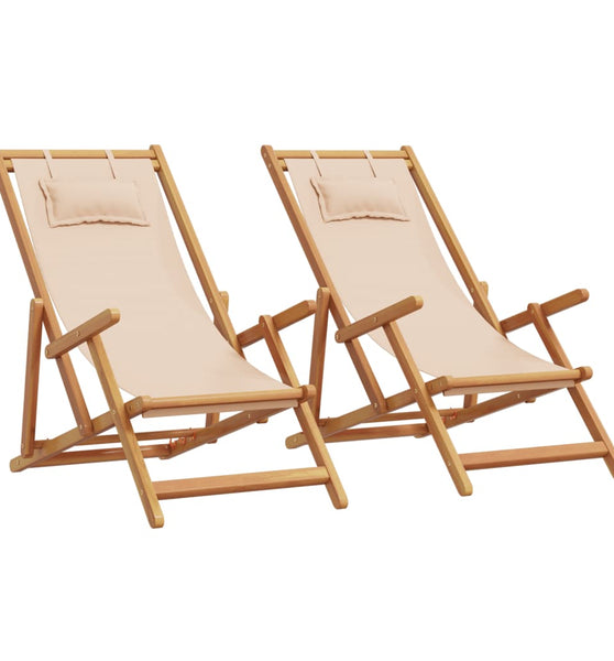 Strandstühle 2 Stk. Klappbar Beige Stoff und Massivholz