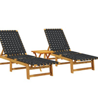 Sonnenliegen 2 Stk. mit Tisch Schwarz Massivholz Akazie