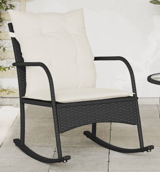 Garten-Schaukelstuhl mit Kissen Schwarz Poly Rattan