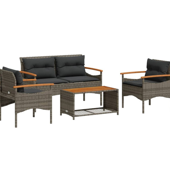 4-tlg. Garten-Sofagarnitur mit Kissen Grau Poly Rattan