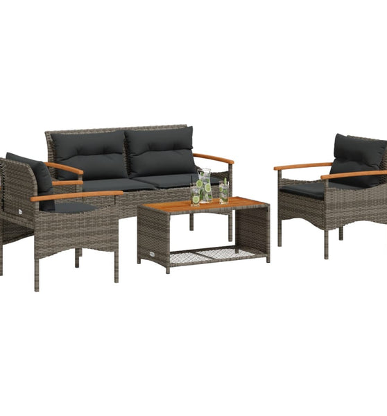 4-tlg. Garten-Sofagarnitur mit Kissen Grau Poly Rattan