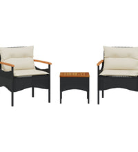 3-tlg. Garten-Sofagarnitur mit Kissen Schwarz Poly Rattan