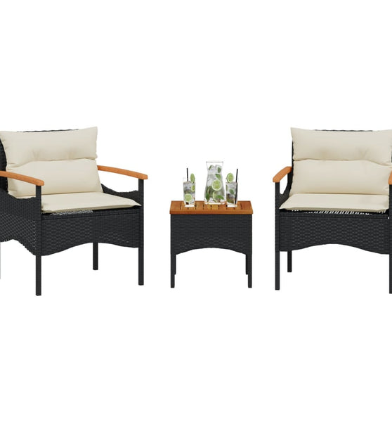 3-tlg. Garten-Sofagarnitur mit Kissen Schwarz Poly Rattan
