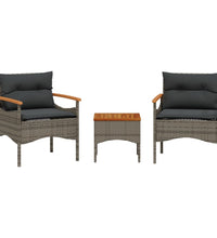 3-tlg. Garten-Sofagarnitur mit Kissen Grau Poly Rattan