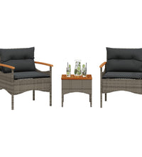 3-tlg. Garten-Sofagarnitur mit Kissen Grau Poly Rattan