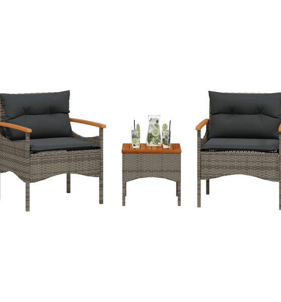 3-tlg. Garten-Sofagarnitur mit Kissen Grau Poly Rattan