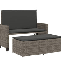 Gartenbank mit Kissen und Hocker Grau Poly Rattan